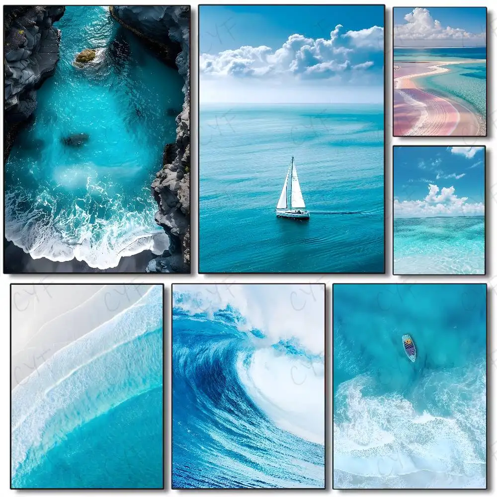 Resin Art Aesthetic - Strand-Meerwellen-Poster Wandkunstdruck Wasserdicht Wohnzimmer Schlafzimmer Bar