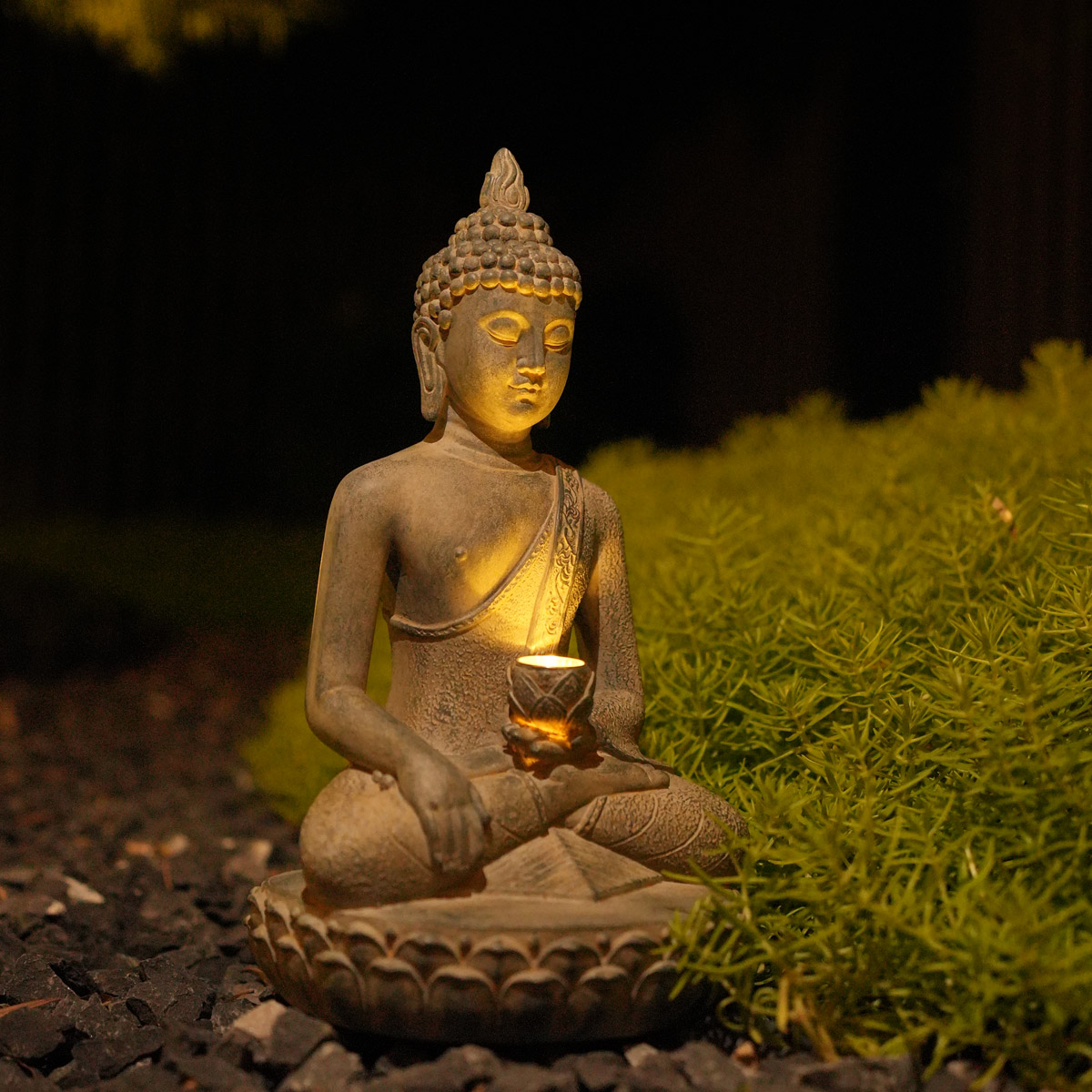 Resin Art India - Von Zen inspirierte solarbetriebene Buddha-Statue mit